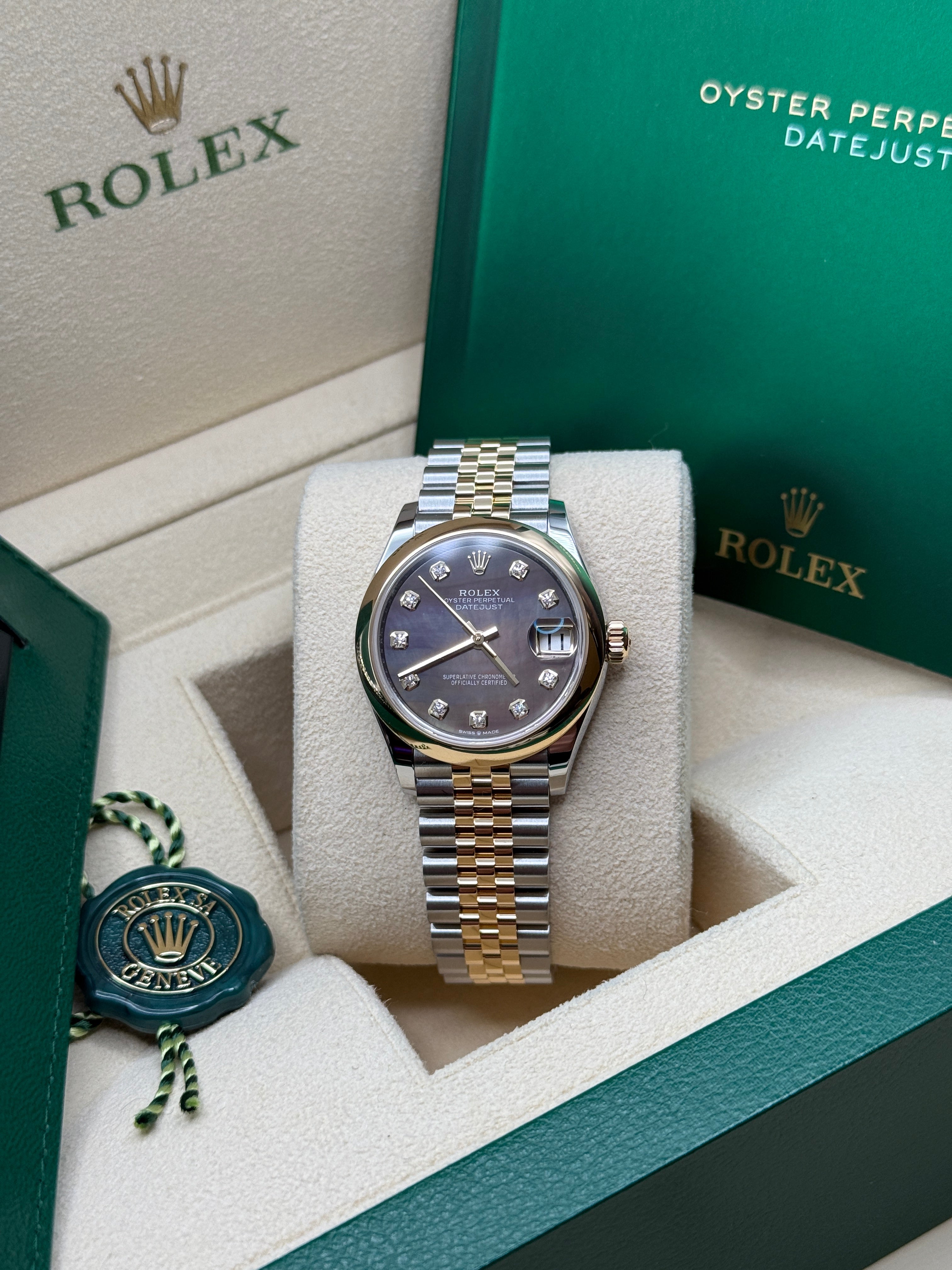 Datejust 31 Yellow Gold Two-Tone Black Mother of Pearl Diamond Luxury Watch