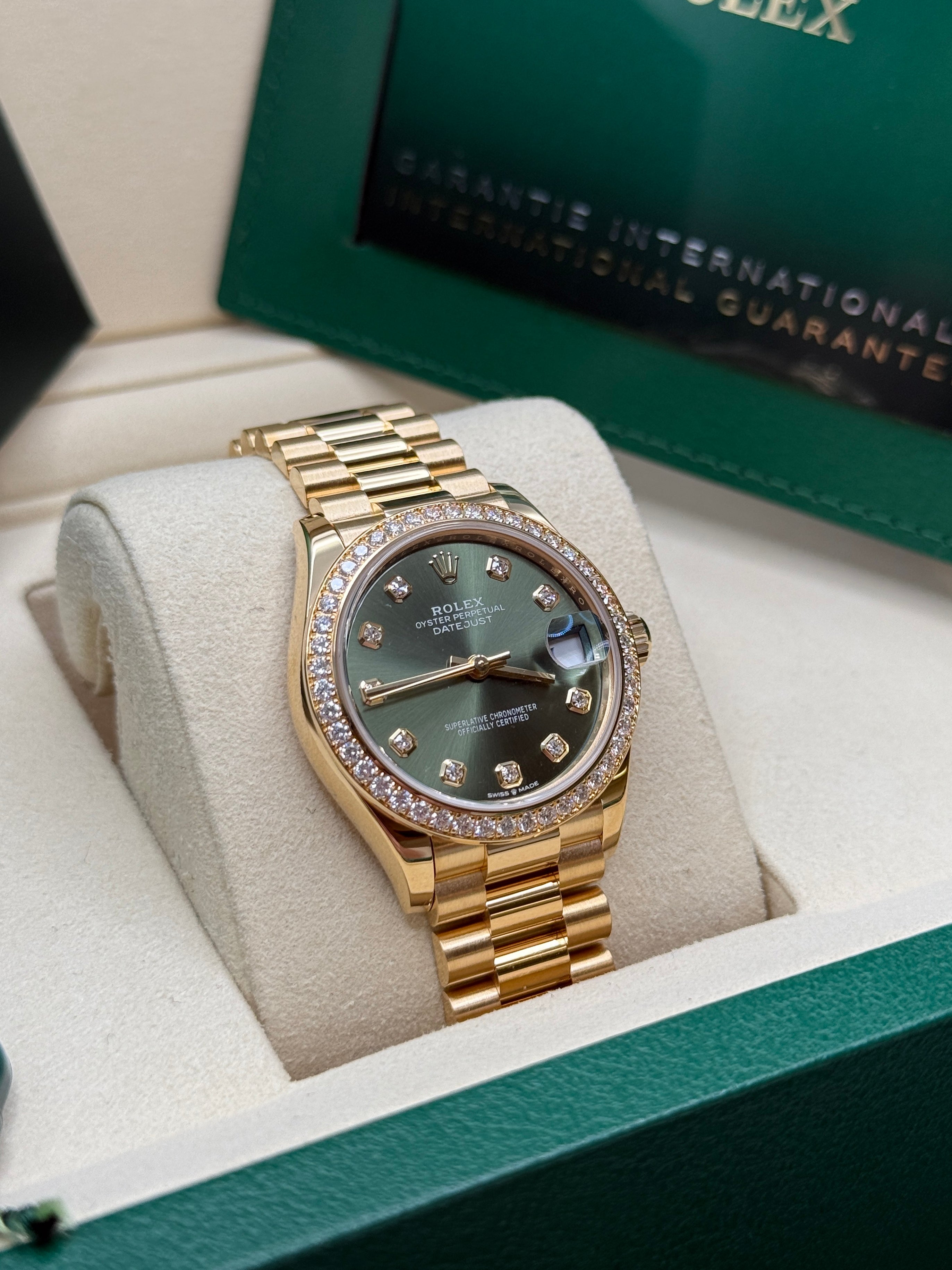 Datejust 31 Yellow Gold Olive Green Diamond Luxury Watch
