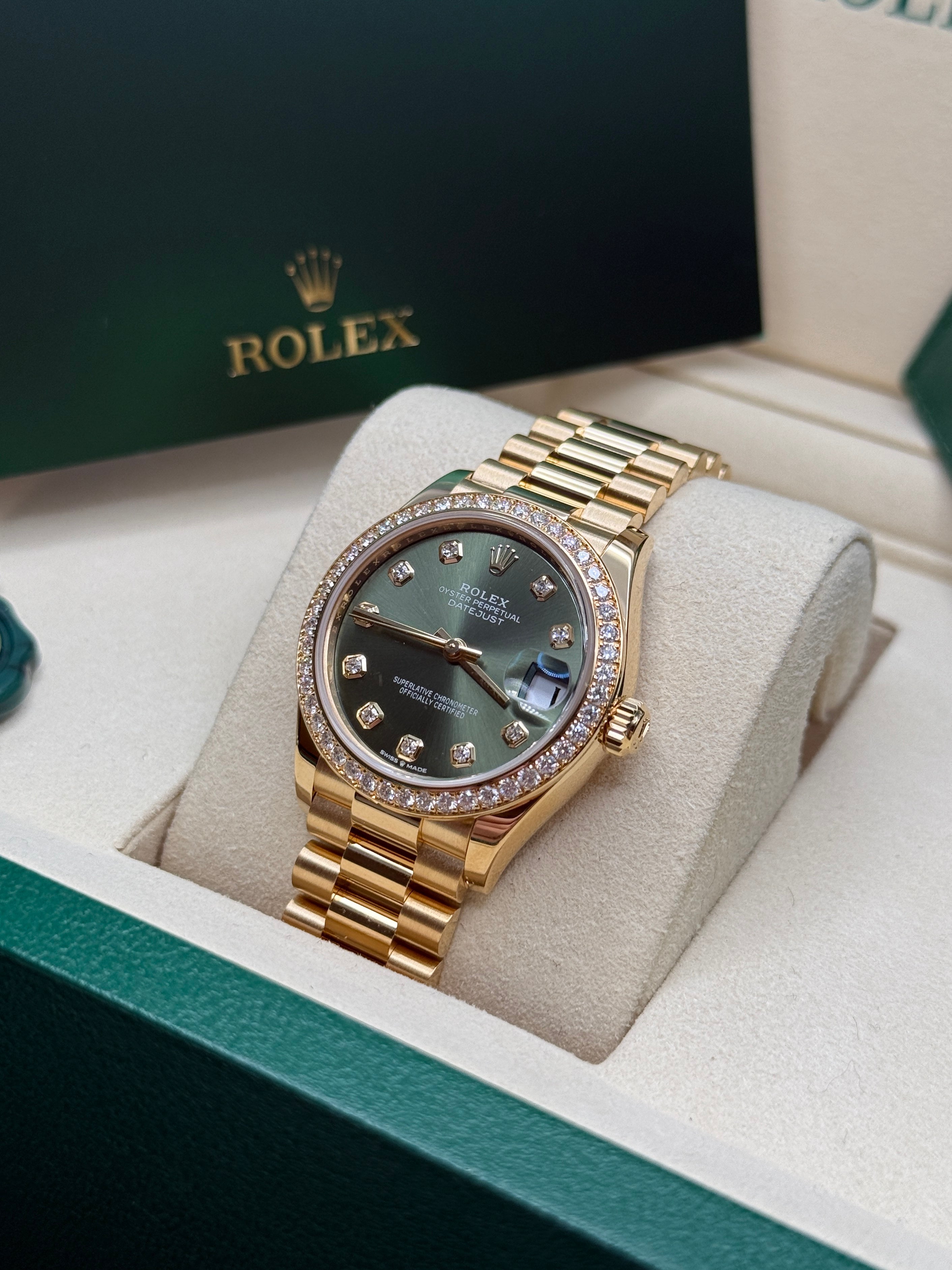Datejust 31 Yellow Gold Olive Green Diamond Luxury Watch