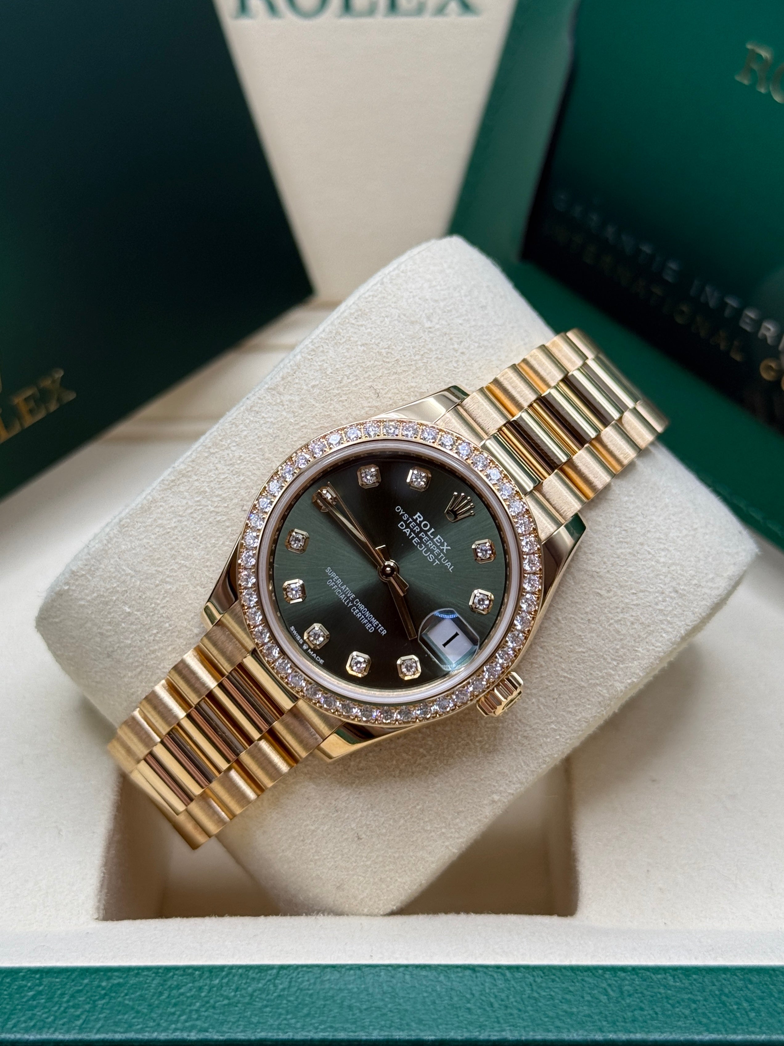 Datejust 31 Yellow Gold Olive Green Diamond Luxury Watch