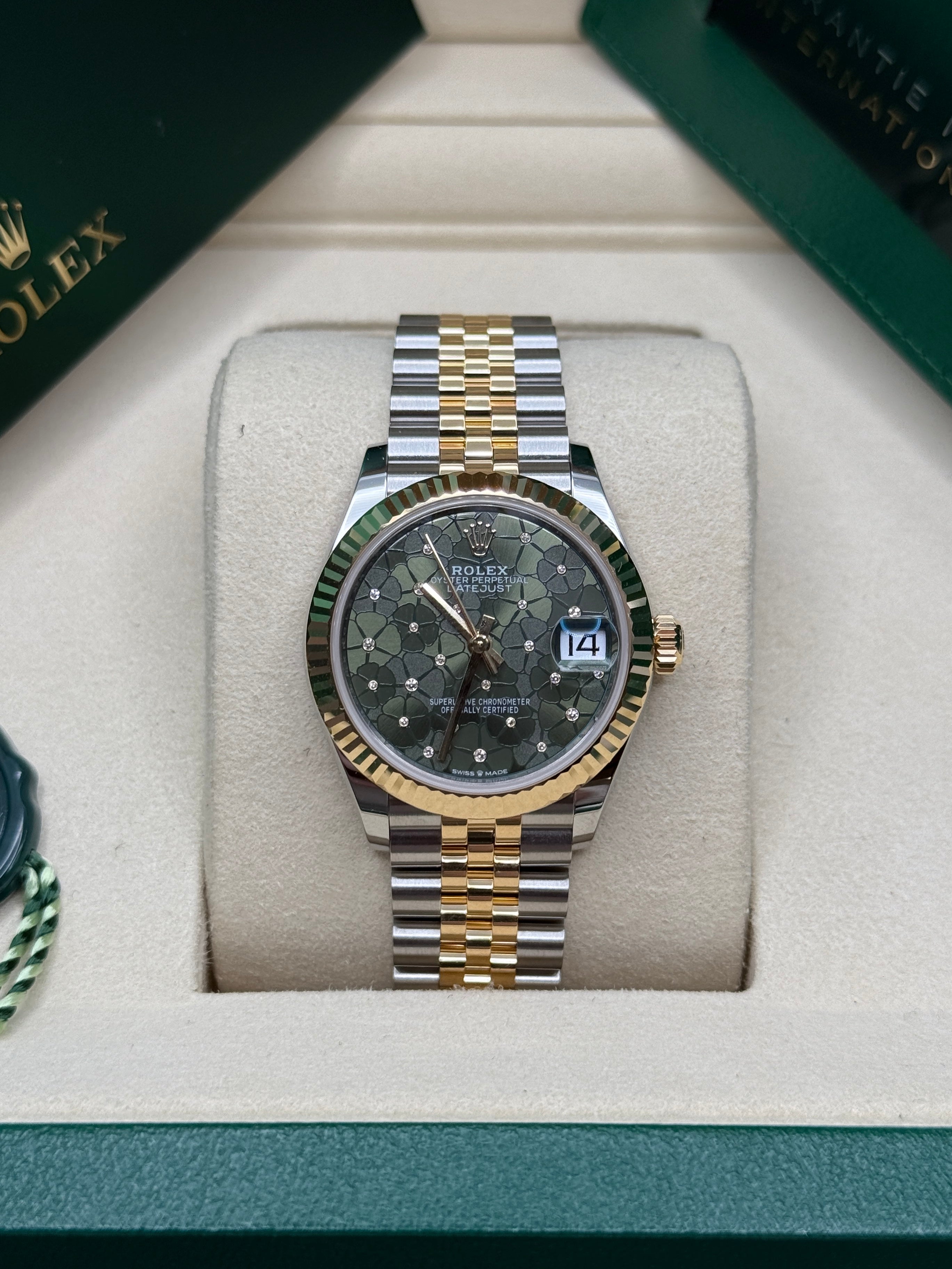 Datejust 31 Yellow Gold Two-Tone Olive Green Floral-Motif Diamond Luxury Watch