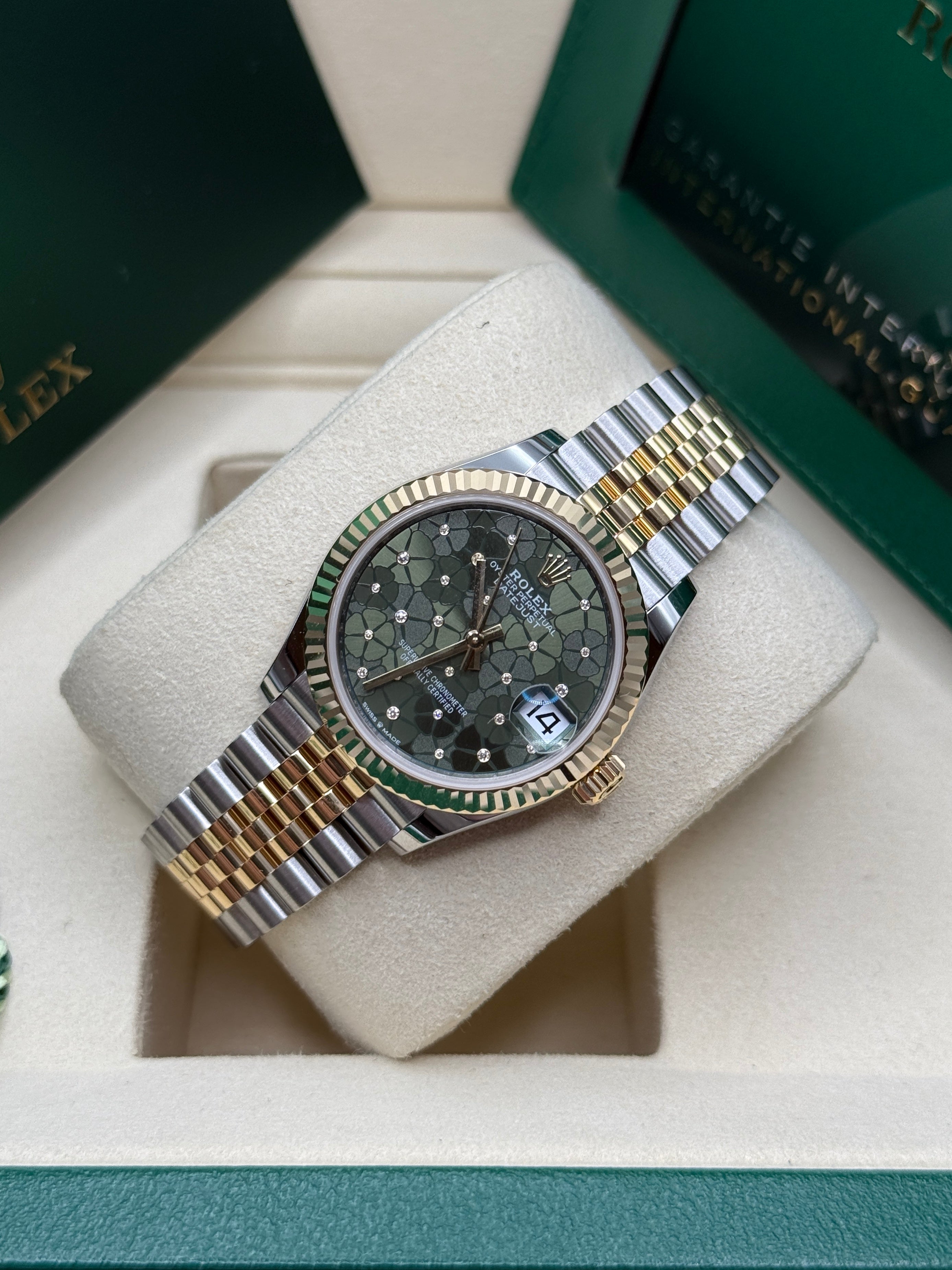 Datejust 31 Yellow Gold Two-Tone Olive Green Floral-Motif Diamond Luxury Watch
